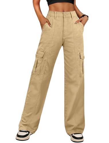 IWD Cargo Pants Women High Waisted Straight Leg Casual Trousers with Pocket