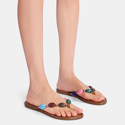 Women Jewelled Thong Strap Open Round Toe Flip Flops Comfy Slip on Flats Sandals Casual Summer Beach Slippers2