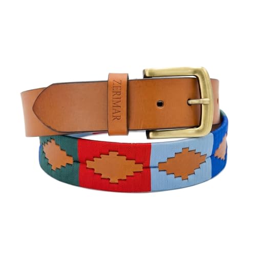 Zerimar Cinturon Piel de Hombre Vacuno |Estilo Polo Argentino | Ancho 38MM | Hebilla Elegante | Correa de Cuero Premium | Color Tanverdeceleste| Talla 100