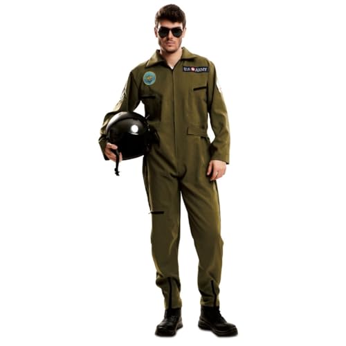 My Other Me - Disfraz Piloto Hombre, talla M-L. Incluye mono verde oliva con cremallera frontal, 3 bolsillos con cremallera, emblemas U.S. AIR FORCE y ARMY, y cremalleras de expansión en tobillos.