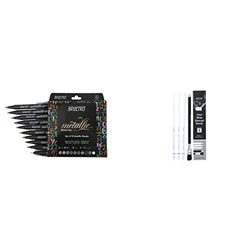 Image of BRUSTRO Metallic Brush Pens & Brustro Artists' White Charcoal Pencil Set of 3 + 1 Pencil Eraser