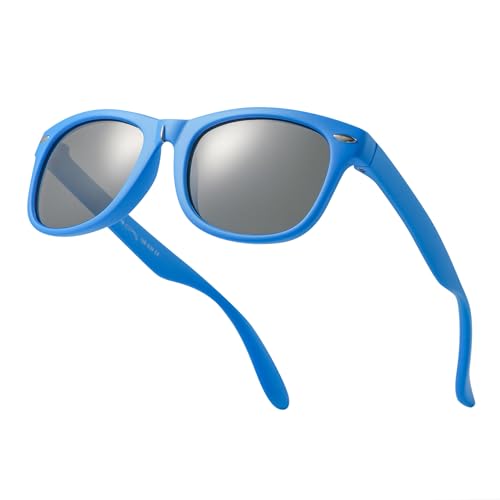 Image of Komonee Kids Flexible Sunglasses Polarized Azure Blue Silicone Drifter Classic Style Retro Sun Shades Eye Glasses UV400 Unisex For Boys and Girls Age 3-10