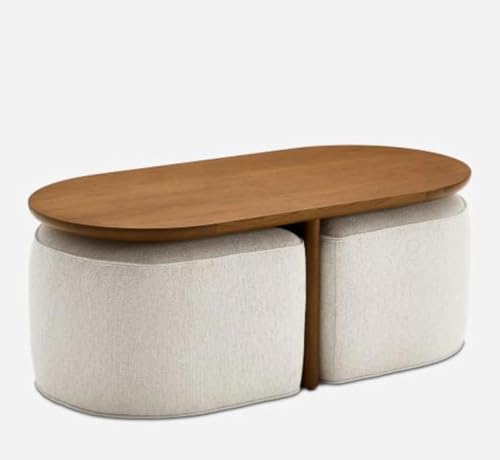Image of Mango Wood Coffee Table with 2 Stools for Home | Oval Centre Table with Seating Stools | Space Saving Patio Tables with Two Upholstered Puffy Ottoman for (Natural Teak)