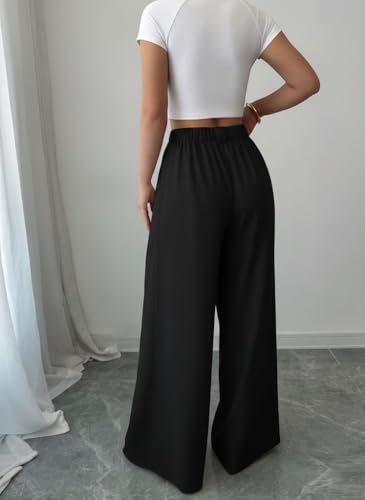 Image of SMOWKLY Women's Korean Style Loose Fit Wide Leg Trousers | Cotton Blend Pleated Palazzo Pants with Elastic Back Waist | High Waist Office & Casual Wear | Stretchable & Breathable