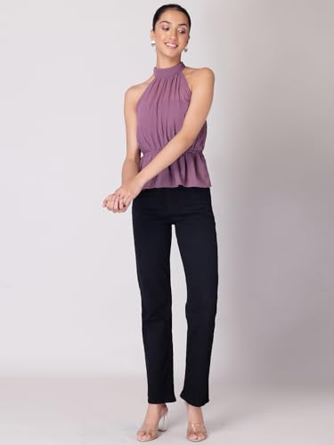 Image of FabAlley Women's Solid Regular Fit Purple Halter Neck Back Tie Up Peplum Blouse