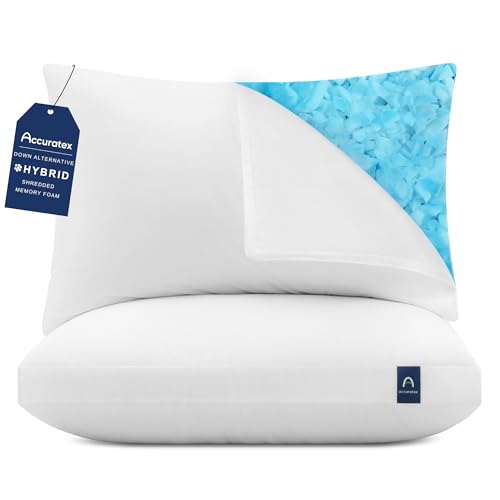 ACCURATEX Pillows Queen Size Set of 2, Hybrid Shredded Memory Foam Pillow[Adjustable Loft], Fluffy Down Alternative Fill Removable Cotton Cover, Firm Supportive Pillow for Side Back Sleepers