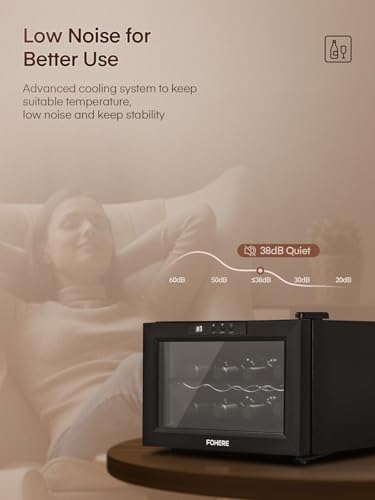 FOHERE Frigorífico para vino de 8 botellas, frigorífico de mesa con puerta de vidrio, 22 litros LED + pantalla digital, frigorífico para bebidas con puerta de vidrio, 8-18 °C, zona única - imagen 8