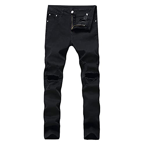 Men's Ripped Slim Casual Distressed Denim Pants Fit Straight with Zipper Jeans Skinny Retro Stretch Jean Trousers (Black,34)