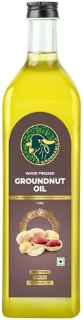 GirOrganic Ground Nut Oil 1 Litre | Cold Pressed Groundnut Oil | Kacchi Ghani Virgin Oil | Unrefined & Unfiltered | Natural Cooking Oil | Extracted Using Wood Press | Glass Bottle
