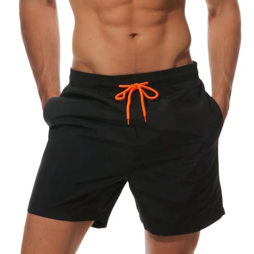 Badeshorts Herren Badehose Männer Schwimmshorts Bademode Sport Shorts Kurz Strandshorts Kordelzug Trainingsshorts Schnelltrocknend (DE/NL/SE/PL, Alphanumerisch, L, Regular, Regular, Standard, Schwarz)