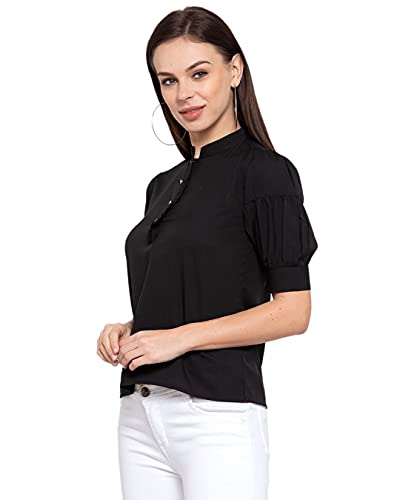 Image of Style Quotient Womens Black Solid Puff Sleeves Regular Top