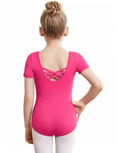 Image of Zaclotre Girls Gymnastics Leotards Crisscross Back Ballet Dance Outfits | Team Basic Leotard,Classic Short Sleeve,Hollow Back,High Stretch,Perfect Fit,Soft Cotton,Breathable,Ballerina Costume