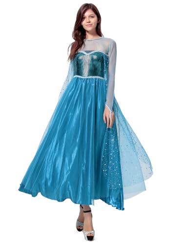 New front Disfraz Adulto Frozen Princesa Elsa Mujer Manga Larga Lentejuelas Vestido para Fiesta Navidad Cosplay Halloween Carnaval Cosplay Cumpleaños Ceremonia Aniversario,Azul,L