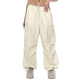 Women's Baggy Cargo Pants Low Waist Hip Hop Sweatpants Drawstring Oversized Loose Wide Leg Hippie Joggers Trousers(F-Beige,Small)