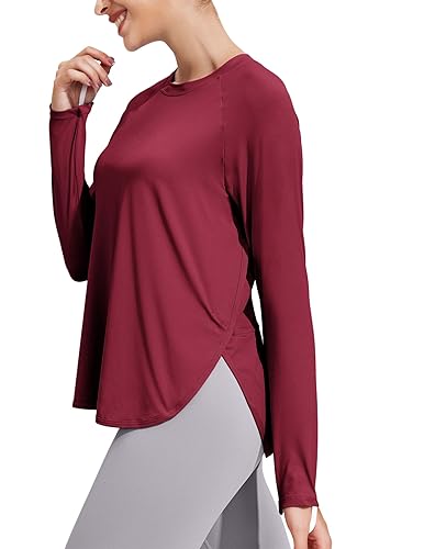 PINSPARK Womens UPF 50+ Sun Shirts Long Sleeve Running Workout Shirts High Low Hiking Athletic Top Lightweight Activewear,Wine Red XL