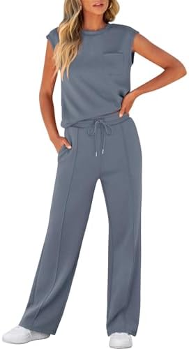 ANRABESS Women’s Summer 2 Piece Outfits Casual Sleeveless Sweatsuits Matching Wide Leg Tracksuits Lounge Sets Fashion Clothes