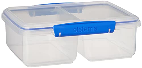 Sistema KLIP IT Collection Large Rectangle Food Storage Container with Split Compartments, 64 oz./1.9 L, Clear/Blue