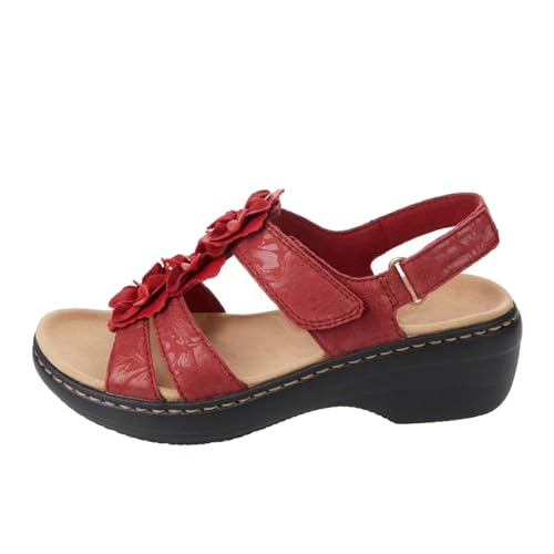 KUIH Women's Red Wedge Sandals Size 6.5 UK, Wide Fit, Arch Support, Water Resistant, T-Strap, Ankle-Strap Wedge, Open Toe, Casual, Orthopedic Sandals, Ladies Sandals