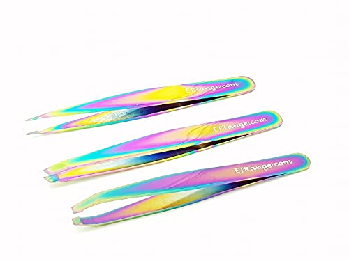 Augenbrauen Pinzetten-Set mit 3 Präzisionspinzetten aus Edelstahl | Regenbogen-Effekt | Angeschrägte Spitze; flache, spitze Pinzette mit Reisetasche Cover