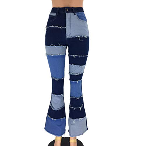 Calça jeans feminina de cintura alta SOIMISS com aplique flare e cintura alta com calça de sino, Azu