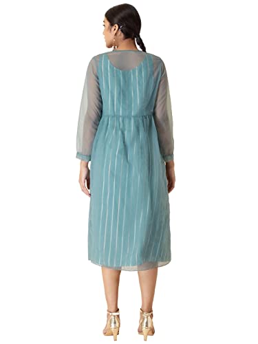 Image of Indya Women's Fit and Flare Cotton Striped Chanderi Dress with Organza Jacket Midi
