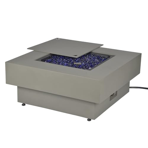 Propane Fire Pit Table with Wind Glass Shield, 32.5-inch 50,000 BTU Outdoor Gas Fire Table for Patio w/Lid, Glass Rocks, Cover, Pre-Attached 10ft Propane Hose