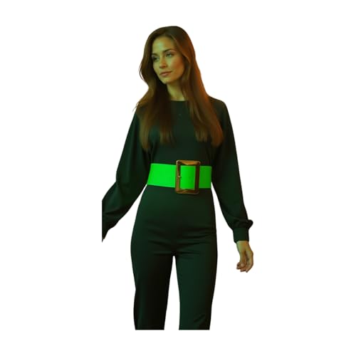 Women Fashion Wide Faux Leather Band Belt Gold Metal Square Buckle S M Neon Green4