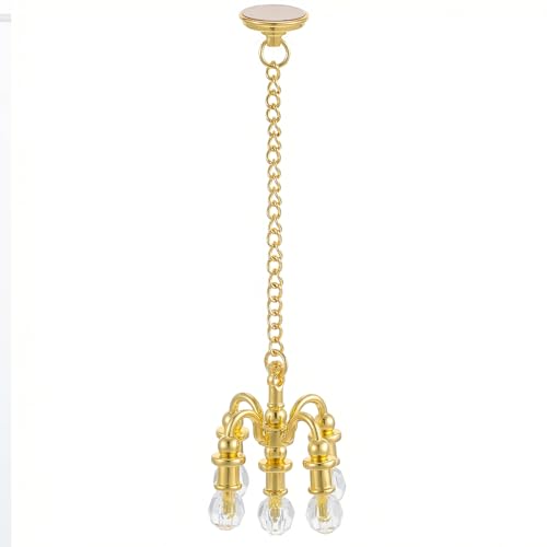 Dollhouse Miniature Chandelier 1:12 Scale Tiny House Ceiling Light Dollhouse Chandelier 5-Head Gold Hanging Ceiling Light with Crystal Accents for Doll House & Miniature Decor