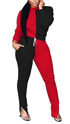 Women Two Piece Colorblock Tracksuit - Pullover Sweatshirt and Long Sweatpants with Zipper Bodycon Jogging Suit Red Black 1X