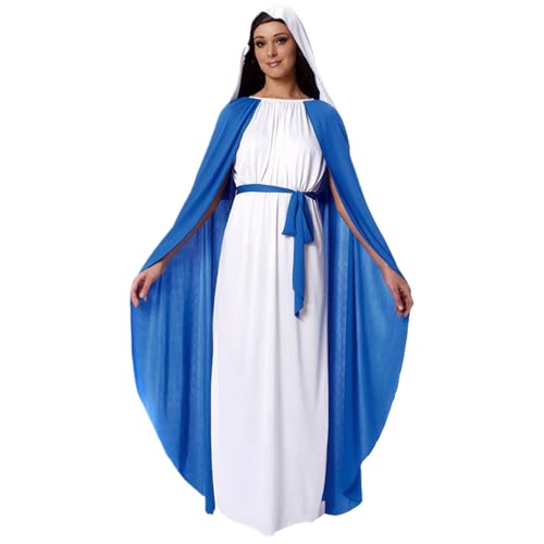 Disfraz de la Virgen María de la Mujer | Disfraces bíblicos para mujeres, el disfraz de Jesús incluye falda con capa, pañuelo en la cabeza blanco y cinturón, disfraz de Navidad religiosa para cosplay