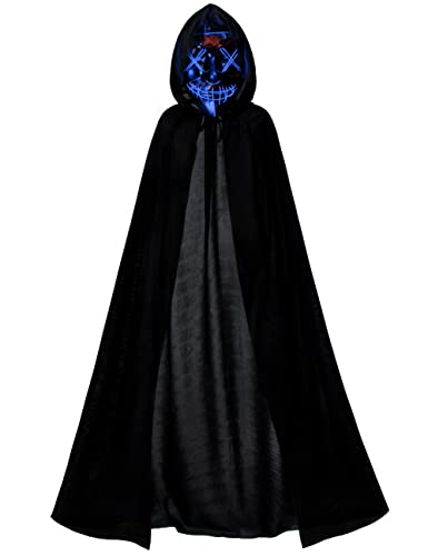 Kids Full Length Hooded Velvet Cloak Halloween Cape Costumes With Blue Led Light Up Scary Mask (55"/140Cm) #TOP2