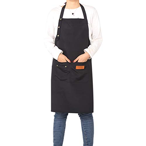 ETBOL Black Bib Apron with Pockets - Waterdrop Resistant Cooking Kitchen Apron with Adjustable Neck Strap Pack of 11 Snaps