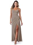 Yoreuoia Women's Mermaid Taupe Bridesmaid Dresses Long for Wedding Bodycon Chiffon Maid of Honor Formal Gown with Pockets Slit US8