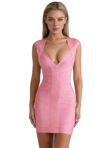 meilun Womens Mini Bandage Dress Summer V-Neck with Straight Shoulders Stripes Sexy Bodycon Casual Daily Dresses(Pink S)