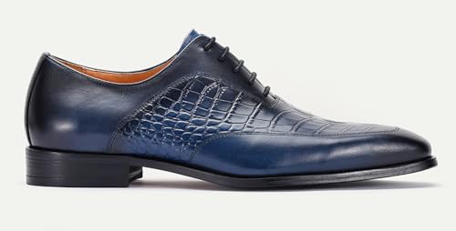 Santimon Mens Elegant Blue Oxfords Leather Dress Shoes - Formal Lace-Up with Crocodile Texture Derby for Business, Weddings & Special Events2