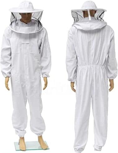 ANP BEE Vantilated Beekeeper Suit for Honey Harvesting, Size Medium, Full Sleeve Hand Gloves & Round Removable Bee Veil Hood Bee Suit for Men & Women, Full Body Beekeeping Dress, White