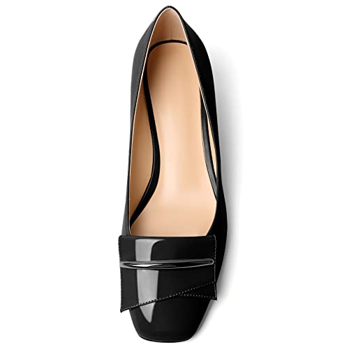 Zamikoo Women's Block Heel Pumps, Square Toe Slip-on Chunky Low Heels, Heeled Dress Shoes with Bow for Office Wedding Work Evening 1.5 Inches3
