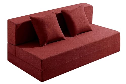 Image of Los Angeles Foldable Two Seater Sofa Cum Bed, Sofa Bed 4 X 6 Feet, Jute Fabric- Washable Cover- Including Two Cushion Perfect for Home & Office, Guest Room -Red Color