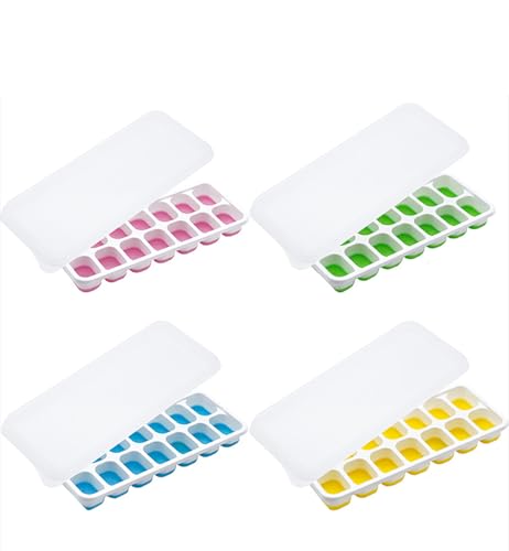 Paquete de 4 bandejas de silicona para cubitos de hielo con tapas antiderrames, 14 cubos cada una, moldes cuadrados apilables sin BPA, flexibles y fáciles de liberar para whisky, cócteles, bebidas