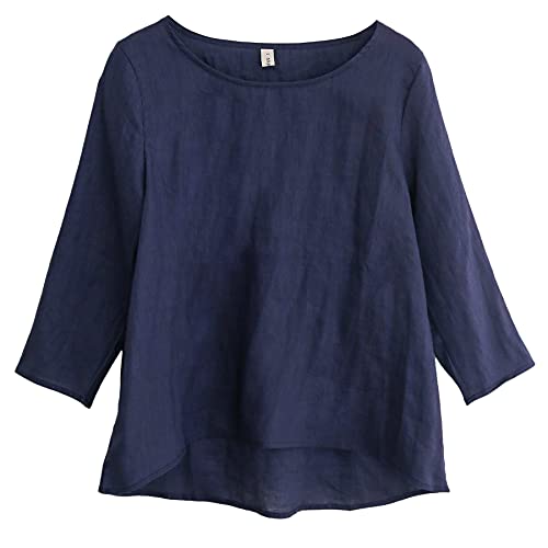 Amazhiyu Women's Linen 3/4 Sleeve Blouse Crew Neck Summer Casual Tops Loose Fit2