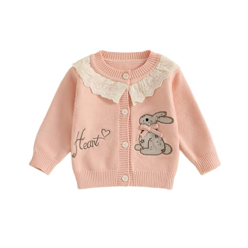 Image of Haomibacu Infant Toddler Baby Girl Cardigan Cute Rabbit Long Sleeve Lace Collar Knitted Sweater Sweatshirt Fall Winter Outfit(Pink, 9-12 Months)