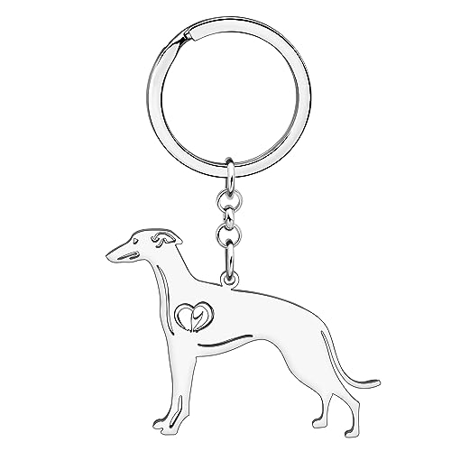 WEVENI Niedlicher Hunde-Schlüsselanhänger, 18 Karat vergoldet, Edelstahl, Schlüsselanhänger, Ring, Zubehör, Charms, Hundeliebhaber, Geschenke für Frauen und Mädchen, Versilbertes Whippet, 44mm x 53mm
