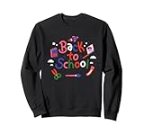 Diseño colorido con la frase "Back to school" rodeada de material escolar como tijeras y lápices.