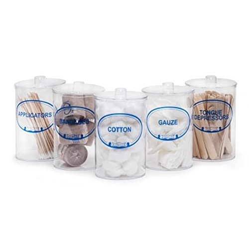 Grafco Labeled Clear Plastic Sundry Jars with Covers - Bandages, Applicators, Gauze, Cotton and Tongue Depressors - Medical Supplies Set of 5 - 3452