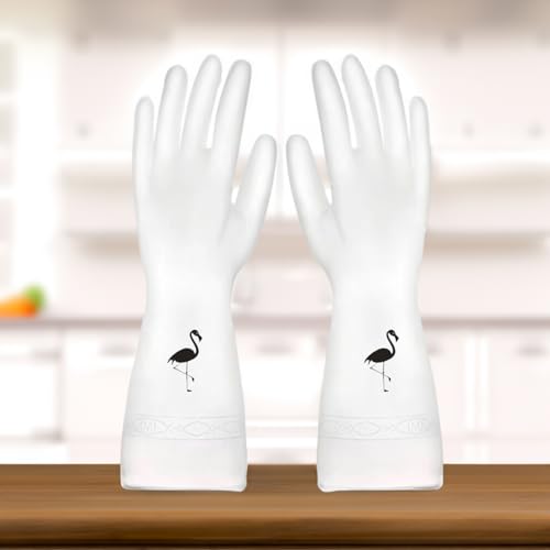 wolpin Cleaning Gloves Flamingo Design | Reusable PVC Gloves for Dishwashing, Kitchen Use, Gardening, Car Washing & Bathroom Cleaning | Anti-Slip, Skin-Friendly Household Gloves (1 Pair)