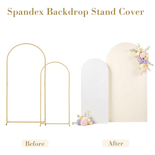 Image of Beige White Arch Backdrop Cover Set of 2 Spandex 7.2 and 6ft Arch Covers Stretchy Backdrop Boho Wedding Balloon Arch Stand Covers for Birthday Party Baby Bridal Shower Banquet Photo Arches Background