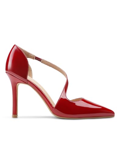 Image of Women's Pointed Toe High Heel Pumps, Elegant Asymmetric Cross Strap D'Orsay Stiletto Strappy Heels, Glossy Patent Dress Shoes for Wedding, Party, and Office