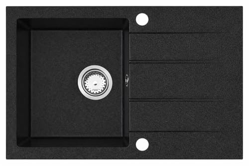 Manestein Spülbecken, Küchenspüle aus Granit, Abtropffläche, Einzelbecken mit Siphon, Fleckenbeständig & Pflegeleicht, 80% Quarzsand, Zusätzlich Verstärkt, 1 Becken, 76 x 44 cm, Graphit