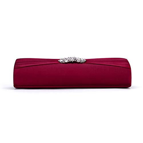 Image of Evening Bags For Women Pleated Satin Rhinestone Brooch Prom Clutch Purse With Detachable Chain Strap