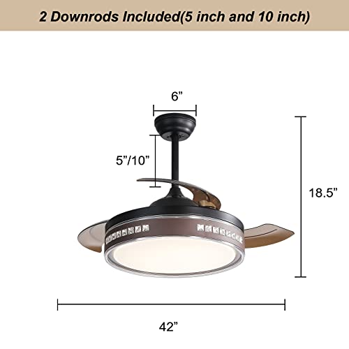Image of 42 Inch Modern Retractable Ceiling Fan with Lights Remote Control, Smart Ceiling Fan Bladeless for Bedroom, 3 Invisible Blades Chandelier Ceiling Fans with 5 inch /10 inch Downrod and 1 /2 /4 Timer